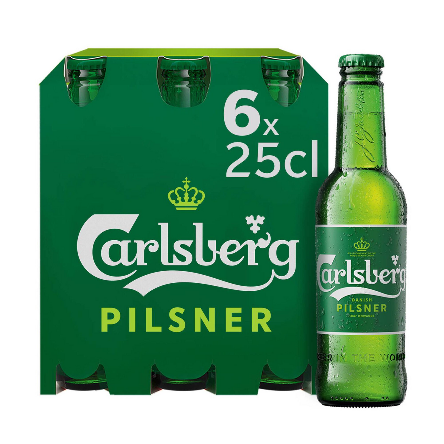 A 6 pack of 250ml Carlsberg Pilsner bottles in a green and white cardboard carrier.