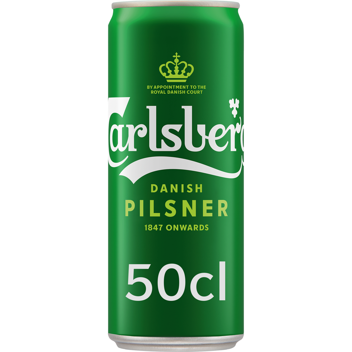 A can of Carlsberg Danish Pilsner beer with a green label and white branding text, indicating a volume of 500ml.