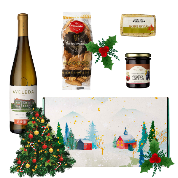 Christmas Hamper – Aveleda Loureiro and Alvarinho white wine, Paupério cookies, sweet wine jelly and garlic herb cheese – festive gourmet suitcase gift set – South African Products