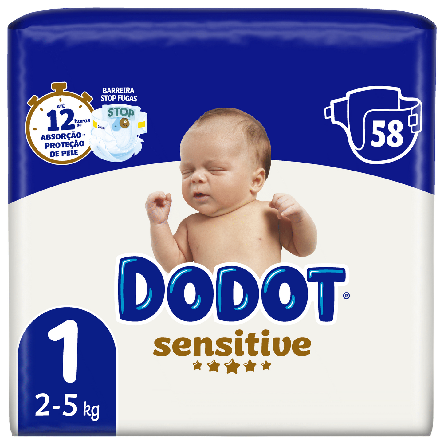 Dodot Sensitive Diapers T1 2–5 kg – 58 Units | Gentle Protection for Newborns