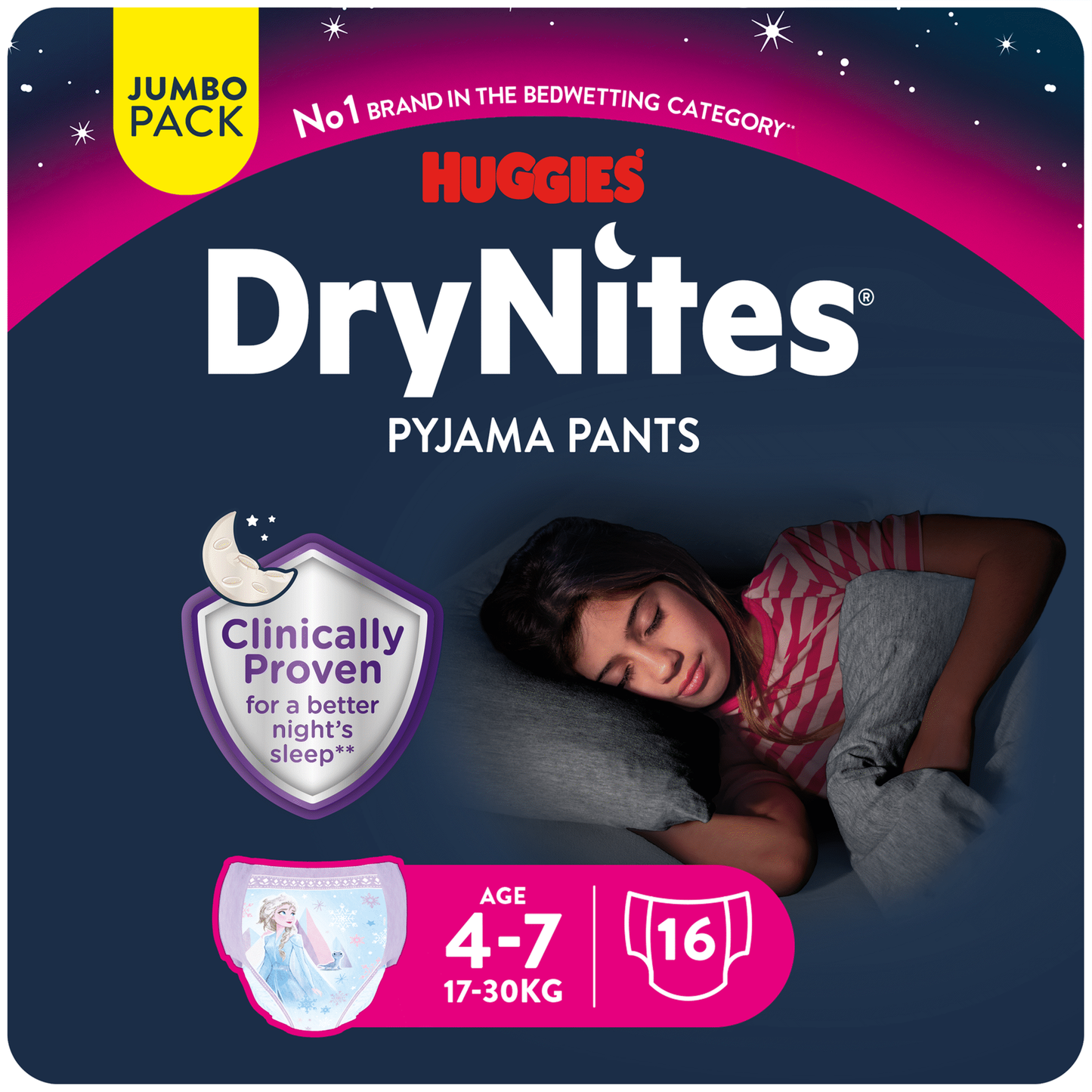 DryNites Mädchen 17–30 kg (4–7 Jahre) – Huggies | 16er-Pack Nachthosen | Komfort und Selbstvertrauen über Nacht
