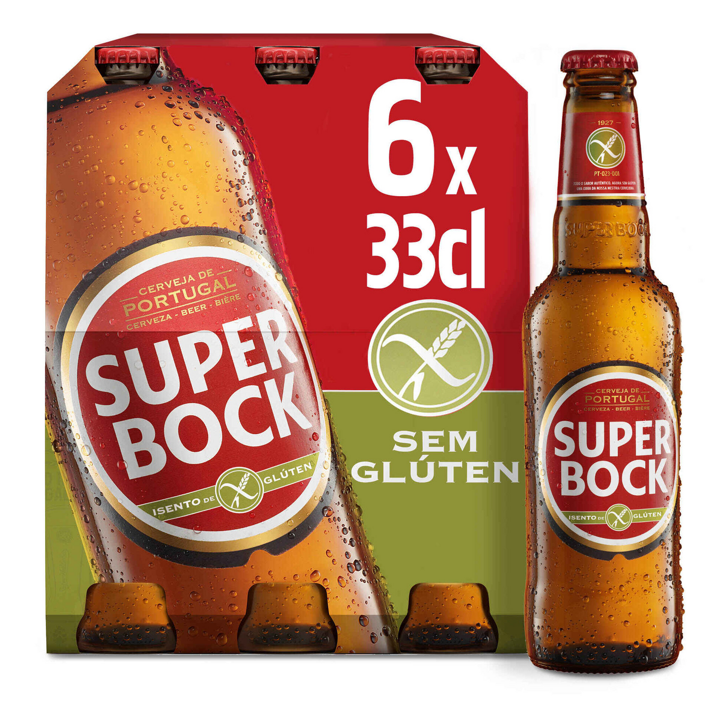 Pack of six 330ml bottles of Super Bock beer, with a gluten-free label, indicating the product is suitable for those with gluten sensitivities.