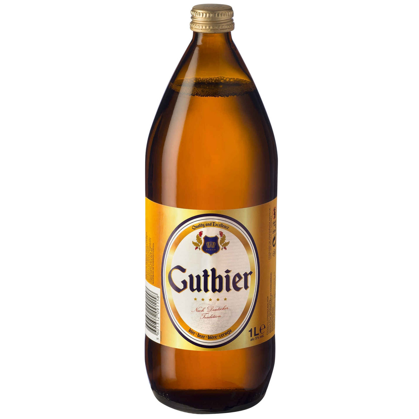 A bottle of Gutbier beer with a label indicating 5% alcohol volume and a volume of 1 liter.
