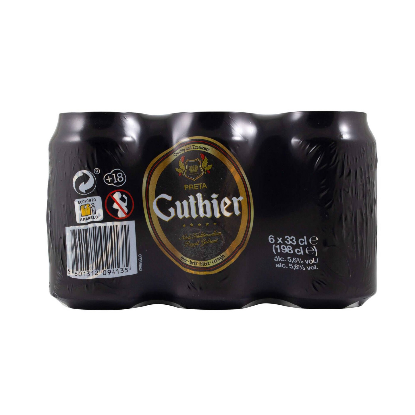 A six-pack of Gutbier Stout beer bottles, with each bottle having a volume of 330ml and an alcohol content of 5%.