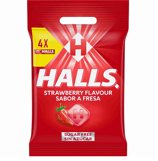 Halls Strawberry Candies 4 Pack – Soothing Strawberry Menthol Lozenges for Sore Throat Relief
