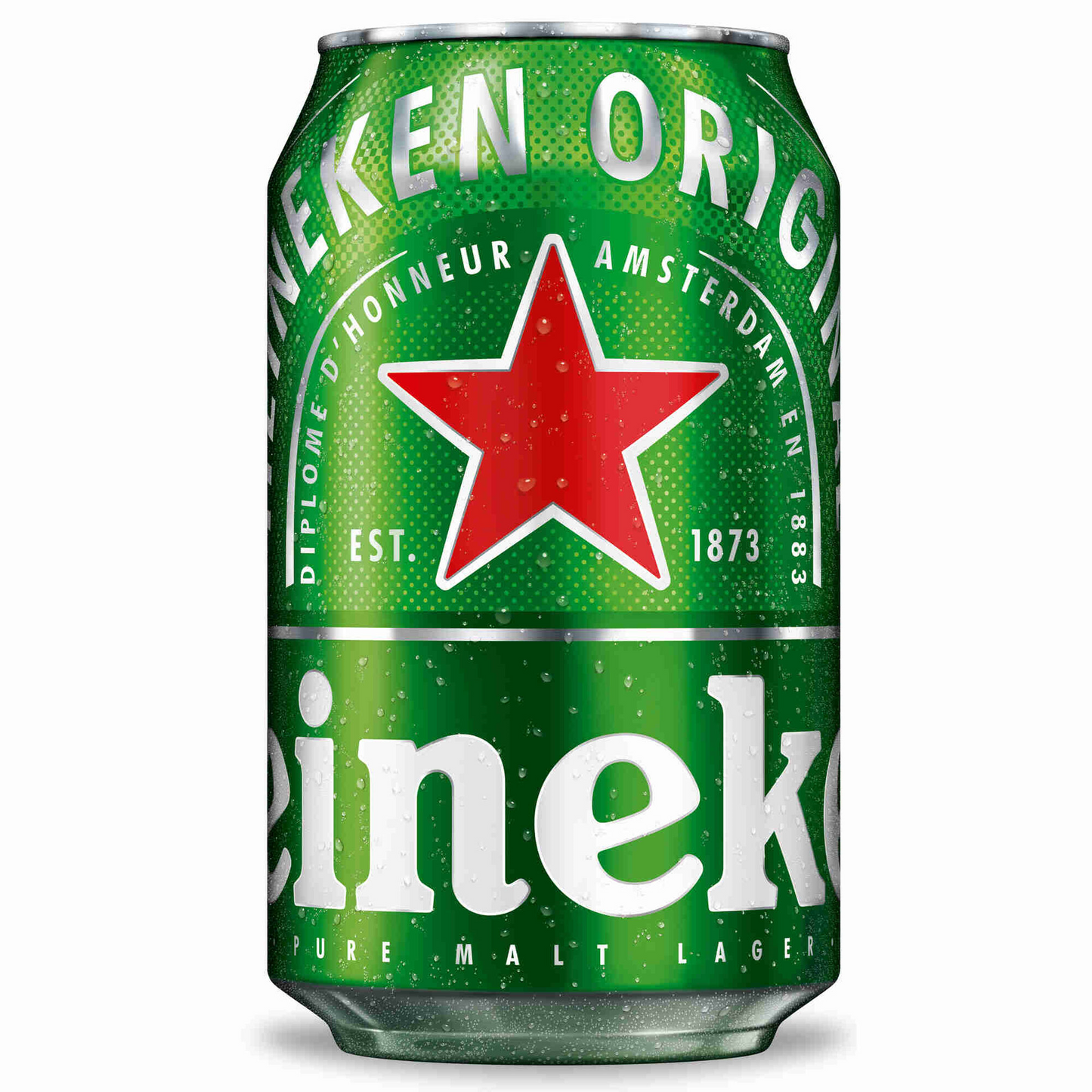 A can of Heineken beer with a green background, featuring the red star logo and the text 'Heineken Pure Malt Lager'. The can is labeled with 'Heineken Original' and indicates a volume of 330ml and 5% alcohol by volume.