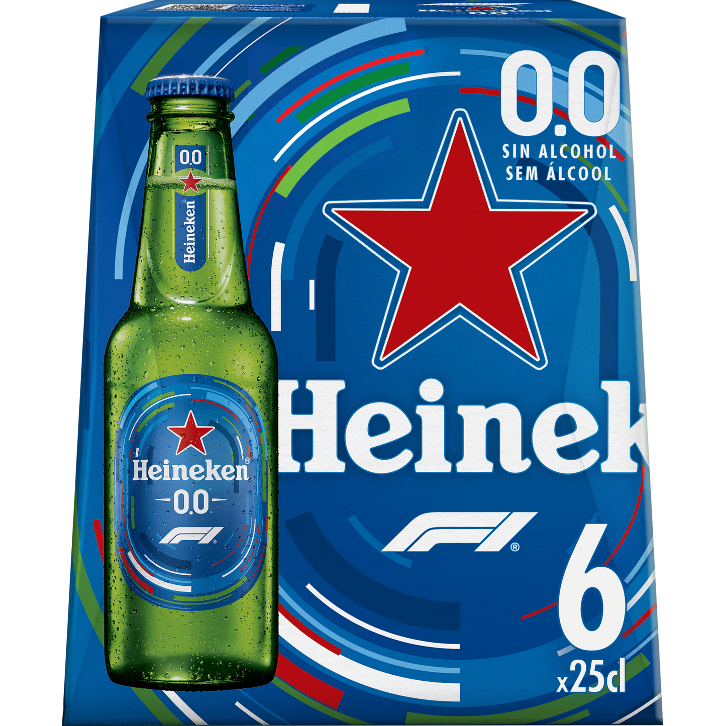 Packaging of Heineken Non-Alcoholic Beer 0.0% showing a single bottle with the branding and a red star logo, indicating a pack size of 6 bottles and alcohol-free content.