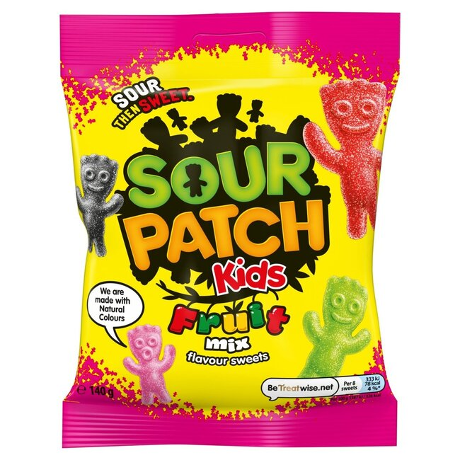 A package of Sour Patch Kids Kids Fruit Mix candy, featuring colorful cartoon characters and indicating that the product is flavored with sweets.