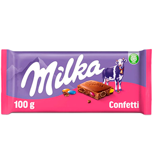 Milka Confetti Smarties Chocolate Tablet 100g creamy milk chocolate slab with colourful crunchy pieces