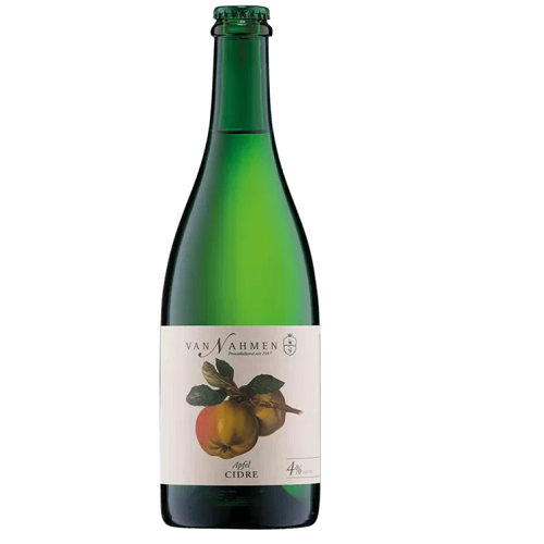 Green bottle of Van Nahmen cider with a white label featuring apple illustrations on a white background