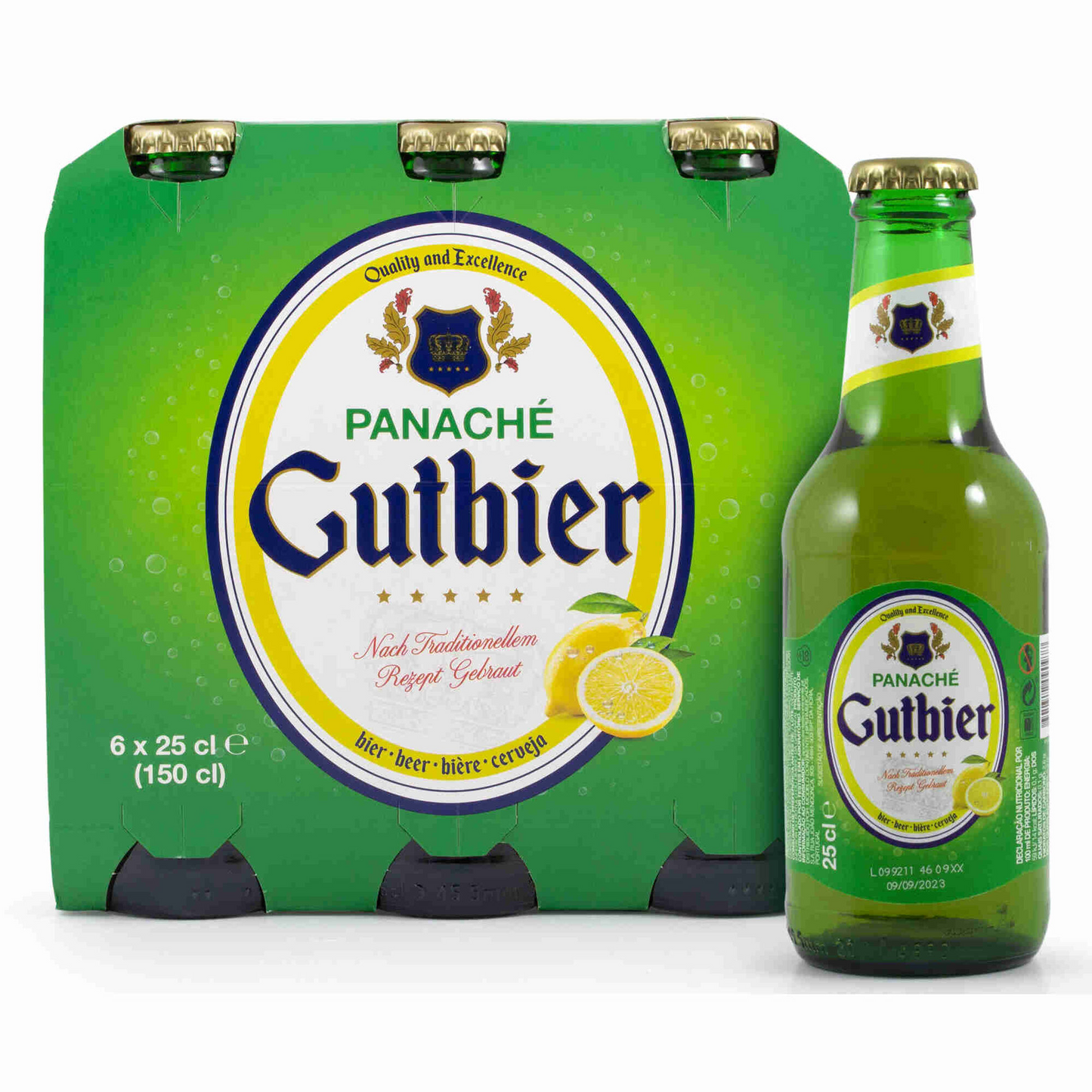 A six-pack of Panache Lemon Gutbier beer bottles, with each bottle having a volume of 250ml and an alcohol content of 5%.