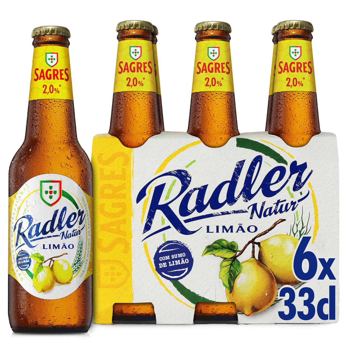 A six-pack of 330ml Sagres Radler Natural beer bottles with lemon flavor, featuring a 2% alcohol volume. The packaging is predominantly white and yellow with images of lemons and the sea, and each bottle has the Sagres logo.