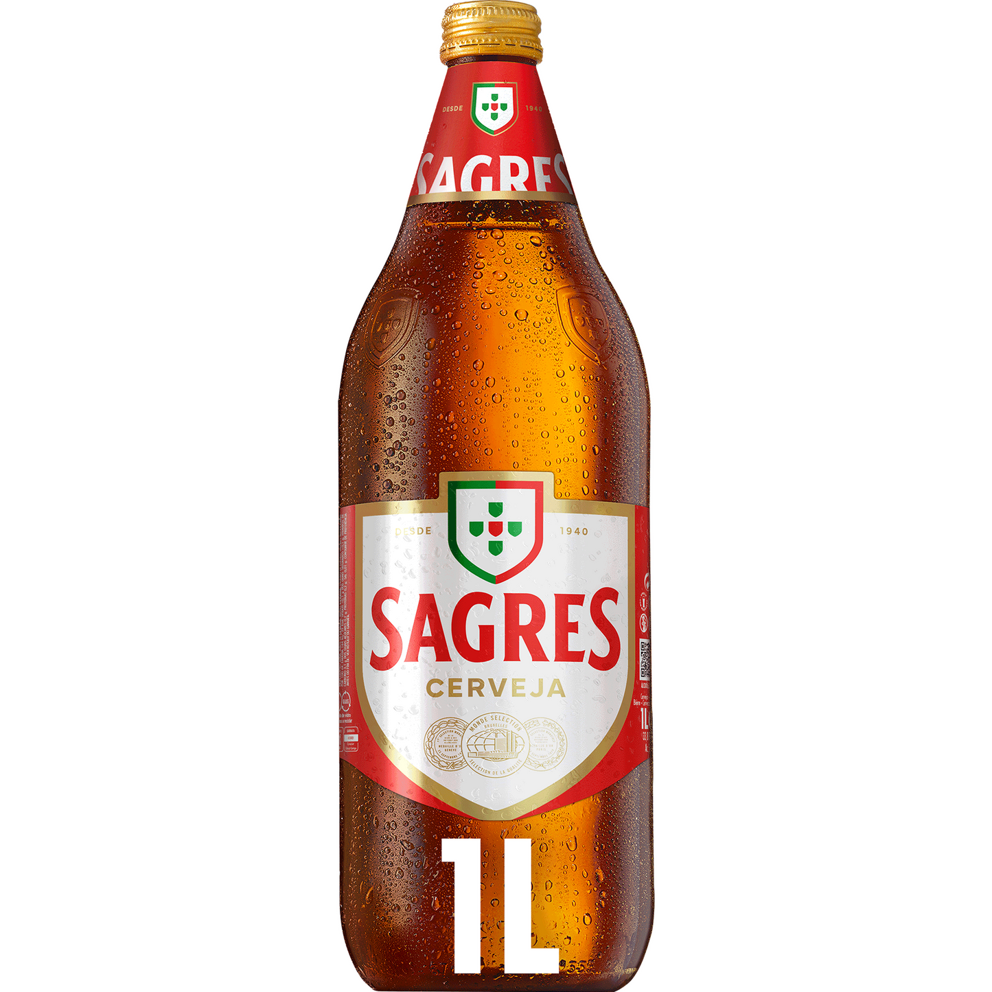 A bottle of Sagres beer with a label indicating 1L volume and 5% alcohol content.