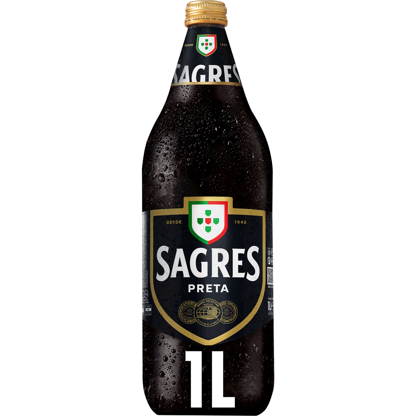 A 1L bottle of Sagres Black beer with a label predominantly in black and gold colors, featuring the Sagres logo and the number 1L.