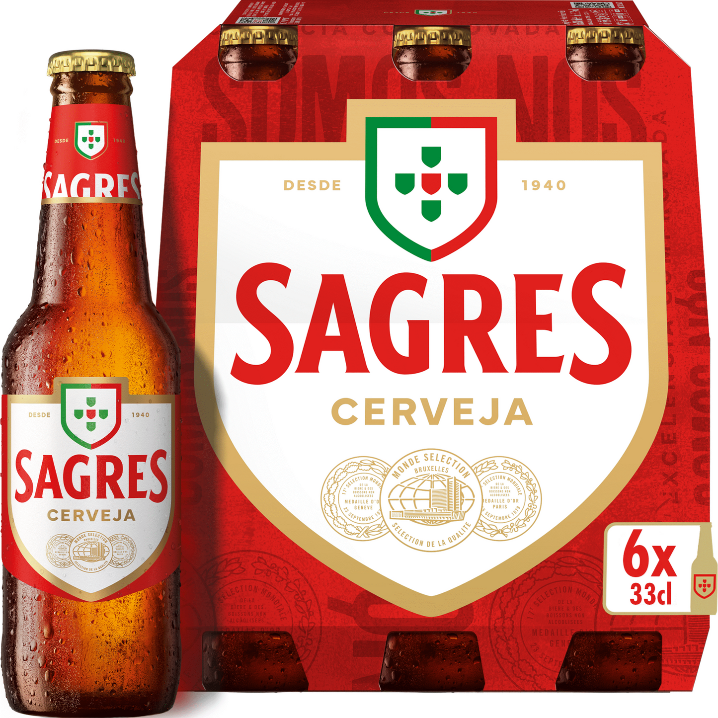 A 6 pack of Sagres beer bottles, with a prominent red and white color scheme and the Sagres logo displayed.