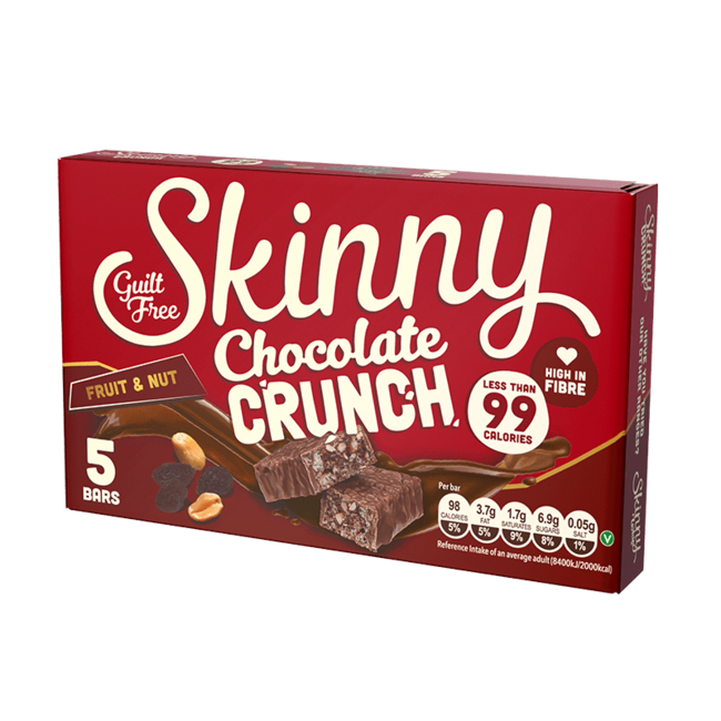 Skinny chocolate crunch fruit and nut 5x22g bars with raisins nuts and cereal coated in milk chocolate multipack snack bars