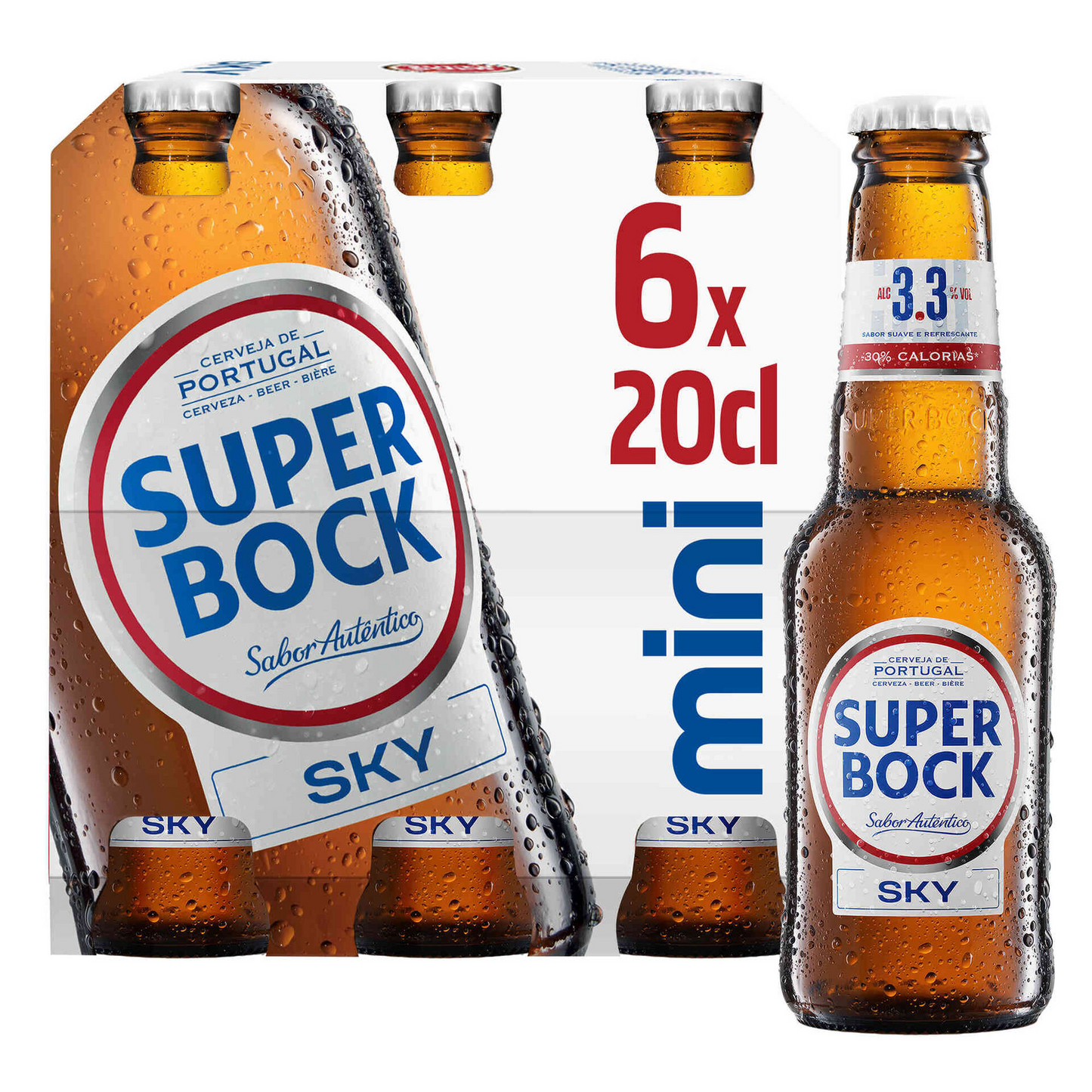 A six-pack of Sky Mini Beer Super Bock in 200ml bottles, with branding and Portugal's national colors visible.