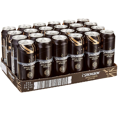 Case of Strongbow apple cider cans on a white background