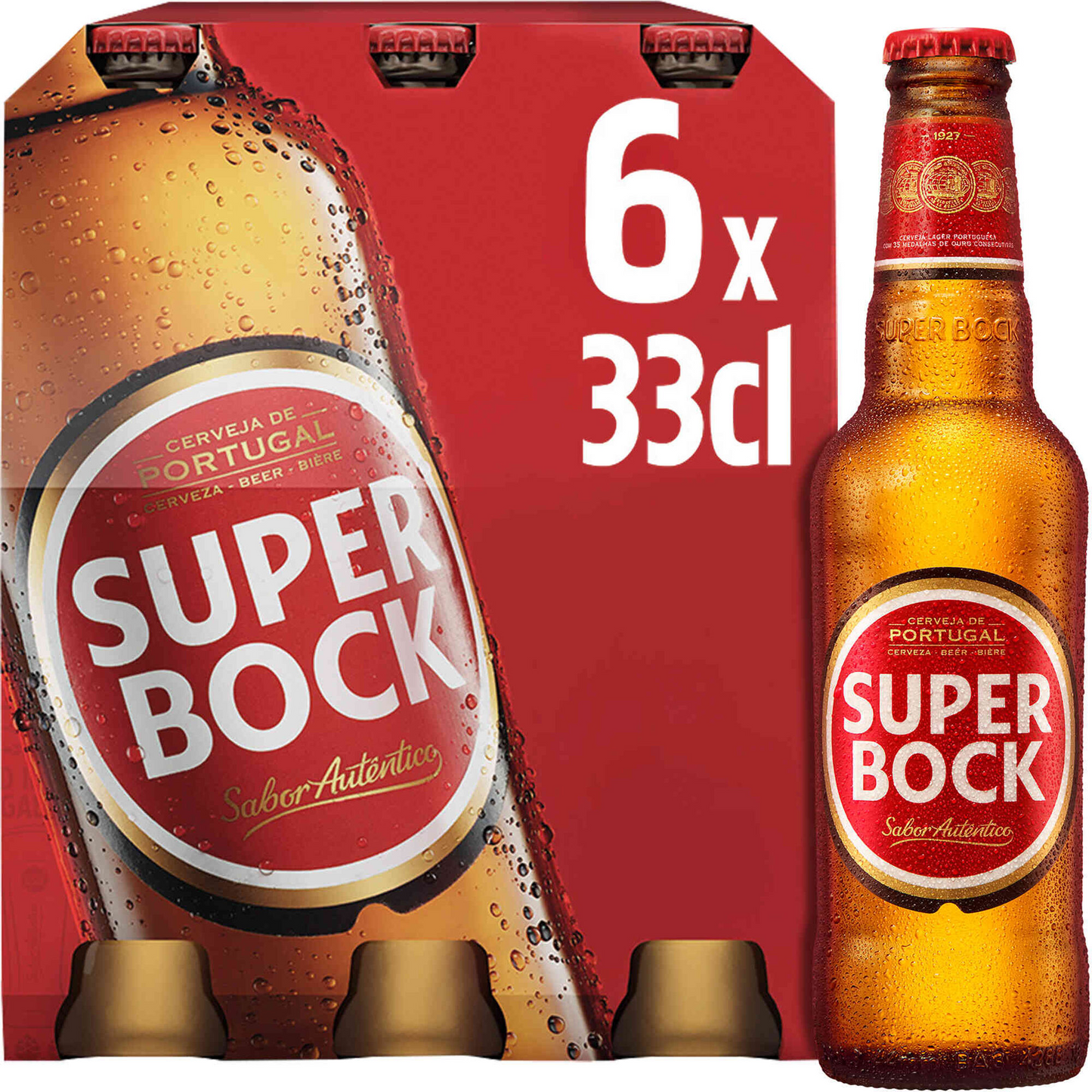 A six-pack of 330ml Super Bock beer bottles with visible branding and the alcohol content indicated.