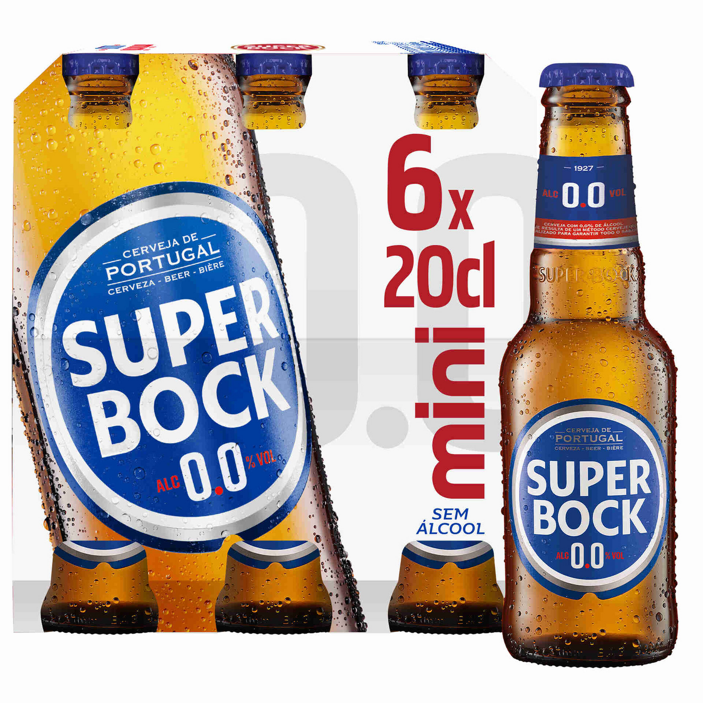 Packaging of Super Bock Mini Non-Alcoholic Beer featuring six 200ml bottles with the brand's logo and the text '0.0% alc' indicating it is alcohol-free.