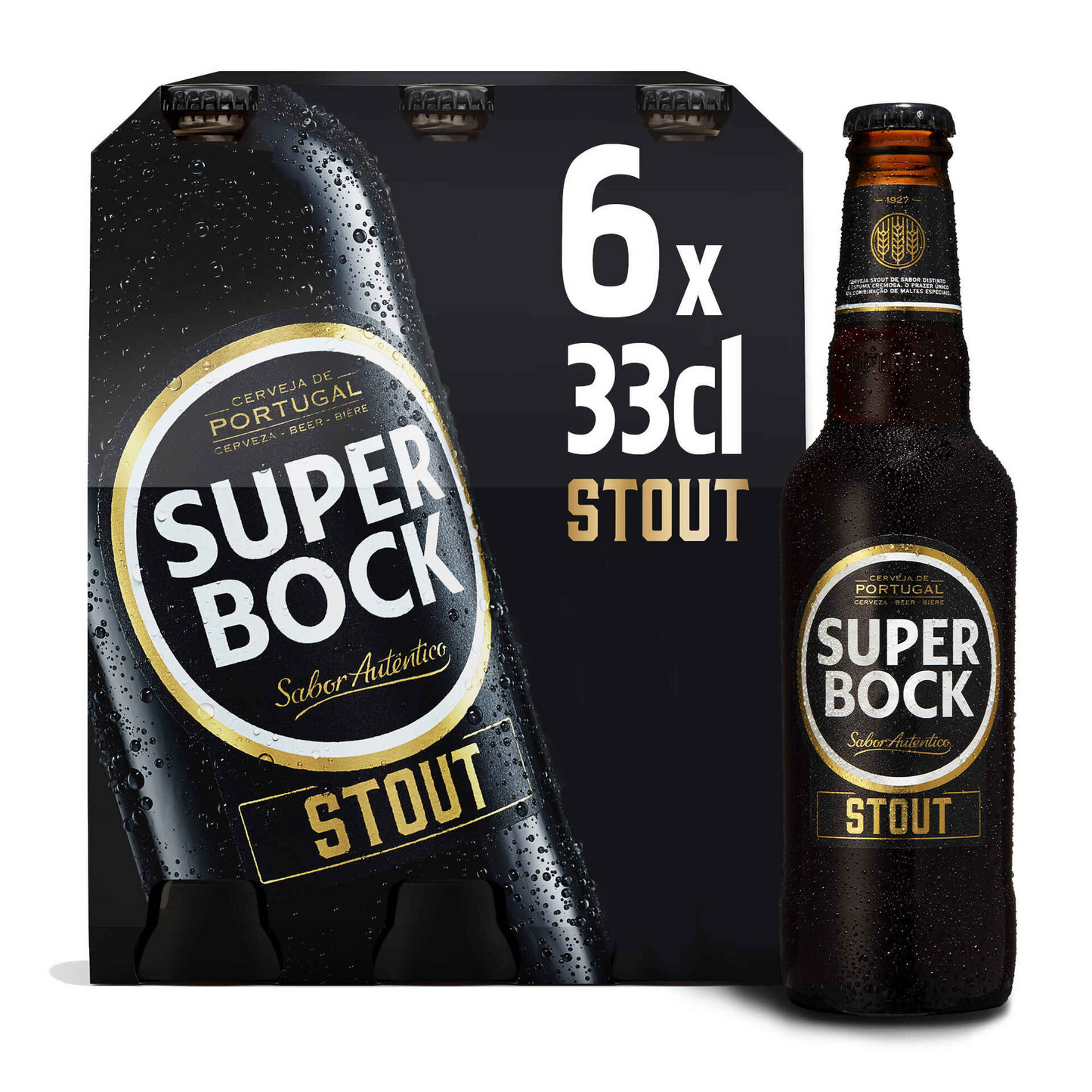 A 6 pack of 330ml bottles of Super Bock Stout, with branding and text indicating the product name and volume.