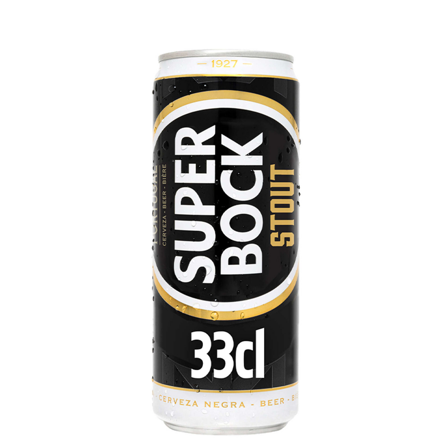 A can of Super Bock Stout with a black and gold color scheme, indicating a volume of 330ml and an alcohol content of 5%.