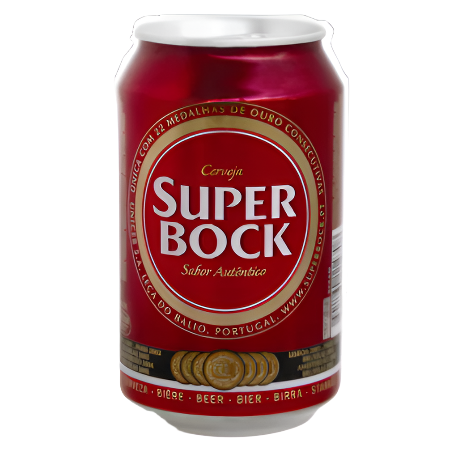 A can of Super Bock beer with a red and white label, featuring the text 'Cerveja Super Bock', indicating an alcohol content of 5.2%.