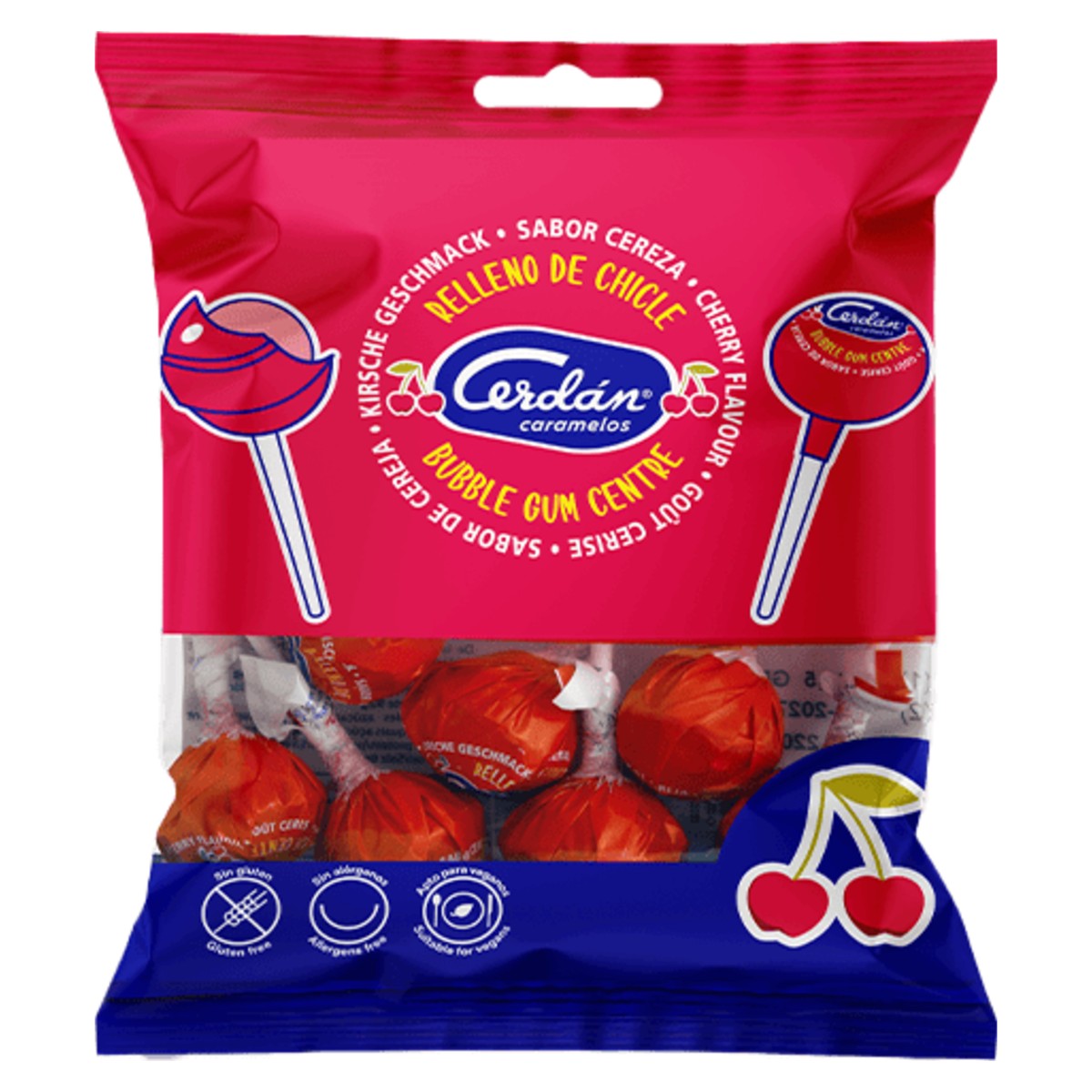 Cerdán Cherry Lollipop with Bubble Gum Centre 15.5g