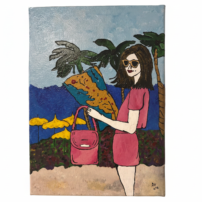 hand painted holiday beach woman canvas 25x35cm tropical wall art palm trees summer decor textured artwork