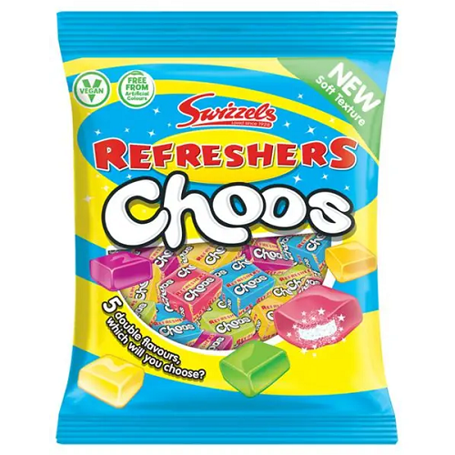 swizzels refreshers choos soft chews 115g british chewy sweets vegan fruit flavoured candy bag