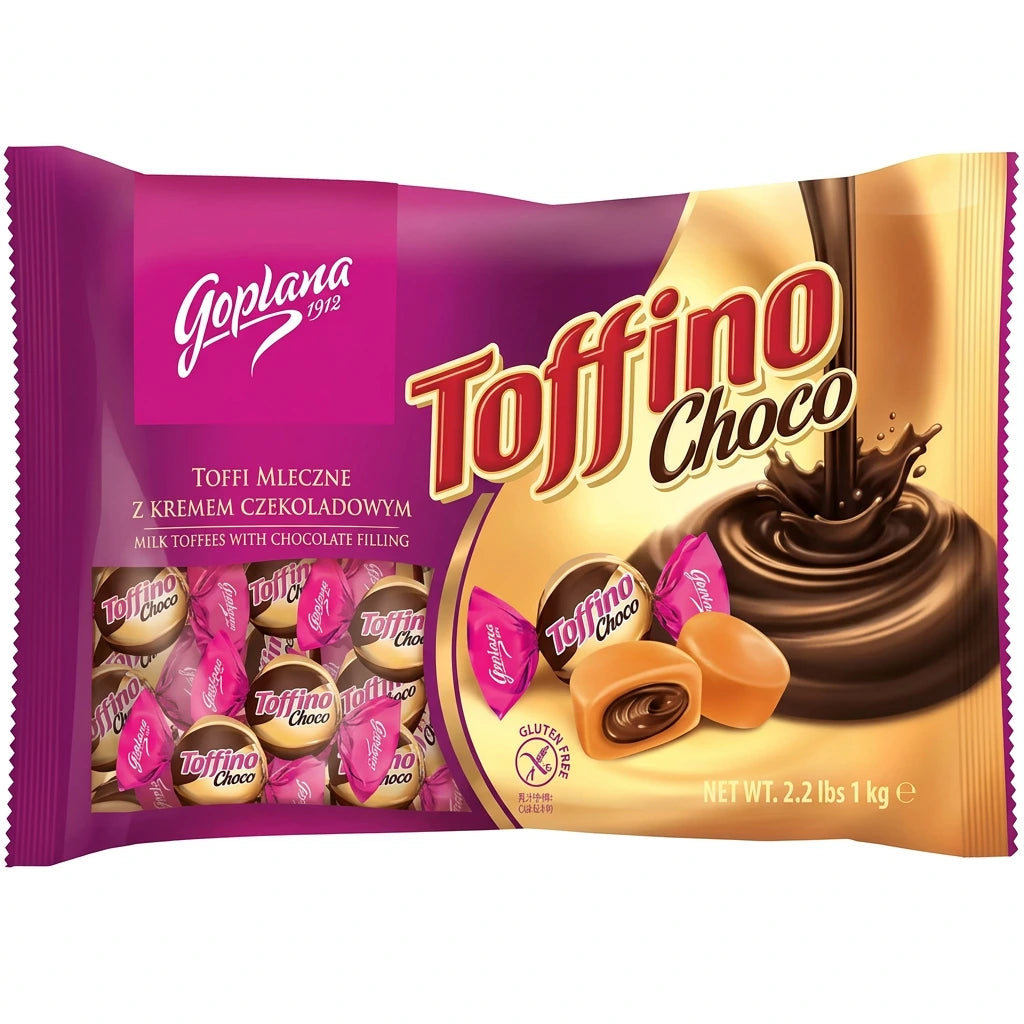 A package of Goplana Toffino Choco milk toffees with chocolate filling, featuring a purple and gold wrapper with an illustration of chocolate swirls and a window showing the wrapped toffees inside.