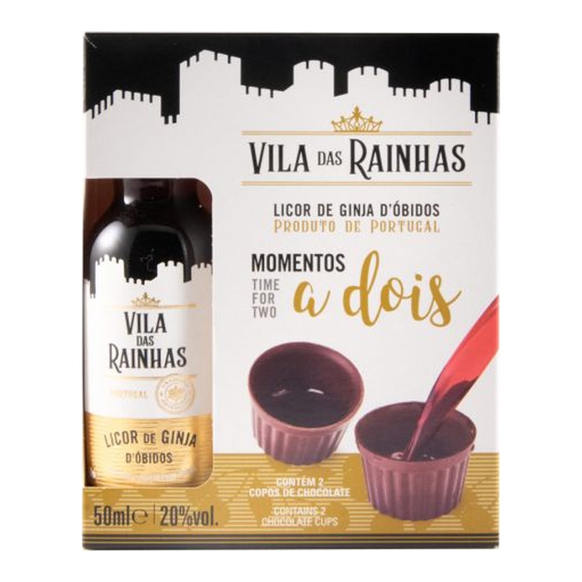 Vila das Rainhas Ginja de Óbidos 50ml with 2 Chocolate Cups 20% ABV