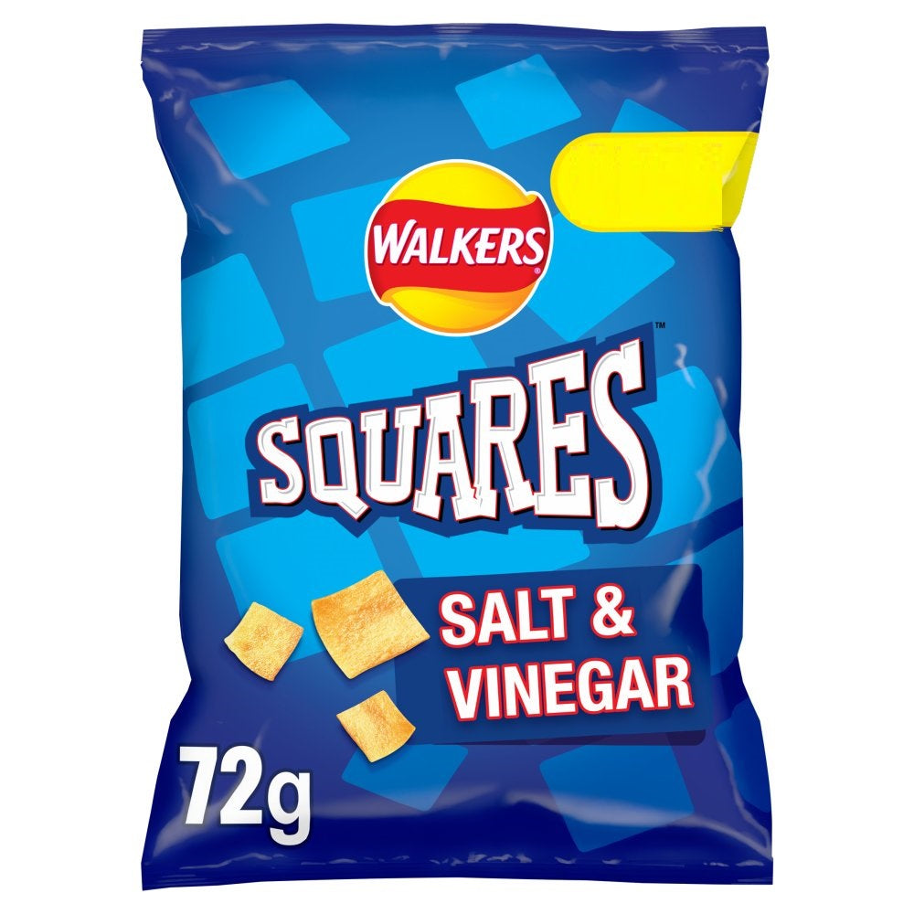 walkers squares salt and vinegar crisps 72g crunchy square potato chips tangy flavour