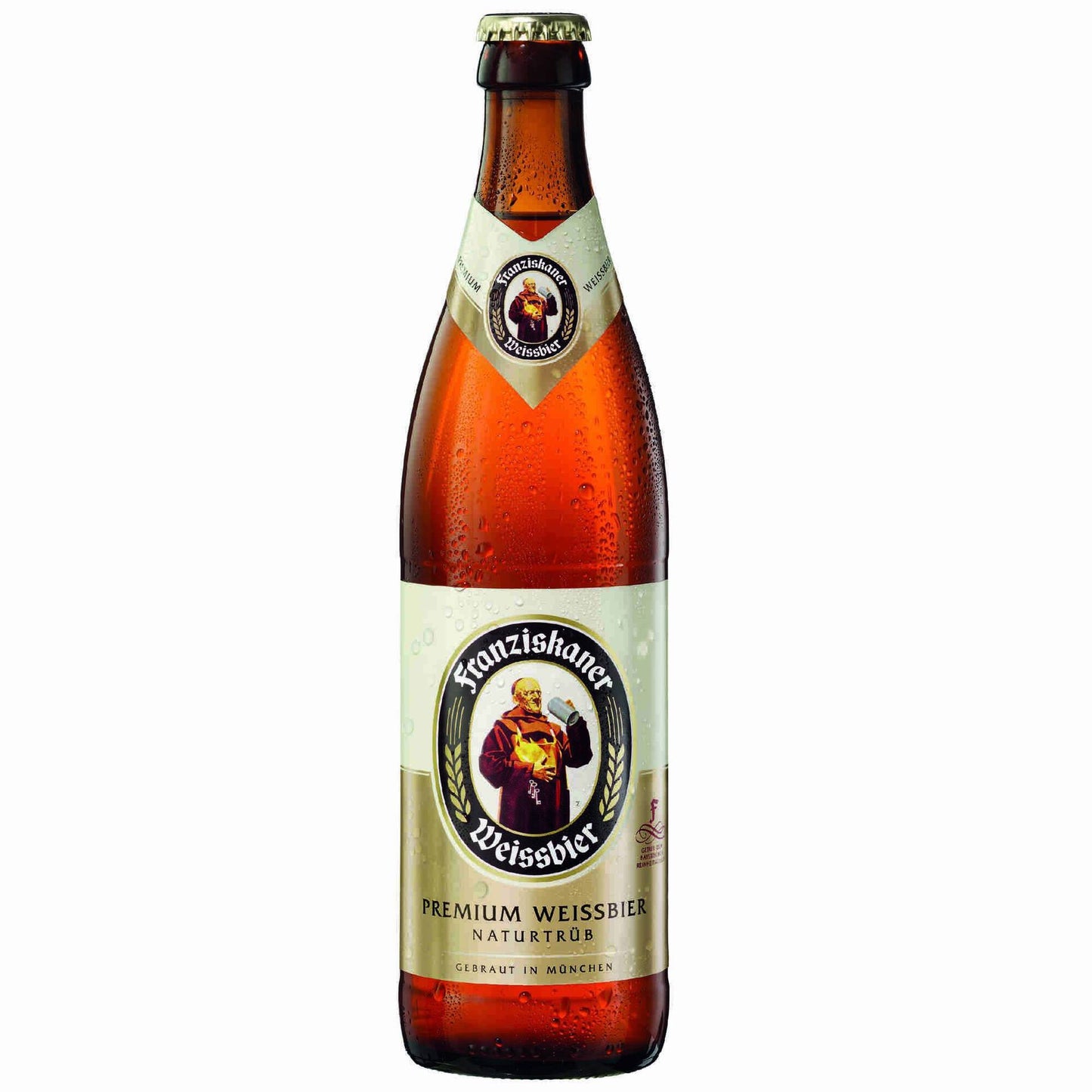A bottle of Weissbier beer with a label indicating it is a premium weissbier naturae from Franciscan, containing 5.4% alcohol by volume.