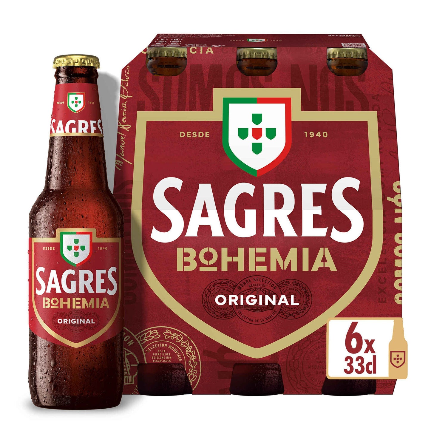 Pack of six Sagres Bohemia beer bottles with a branding image of a single bottle featuring the Sagres logo and the text '6x330ml'.