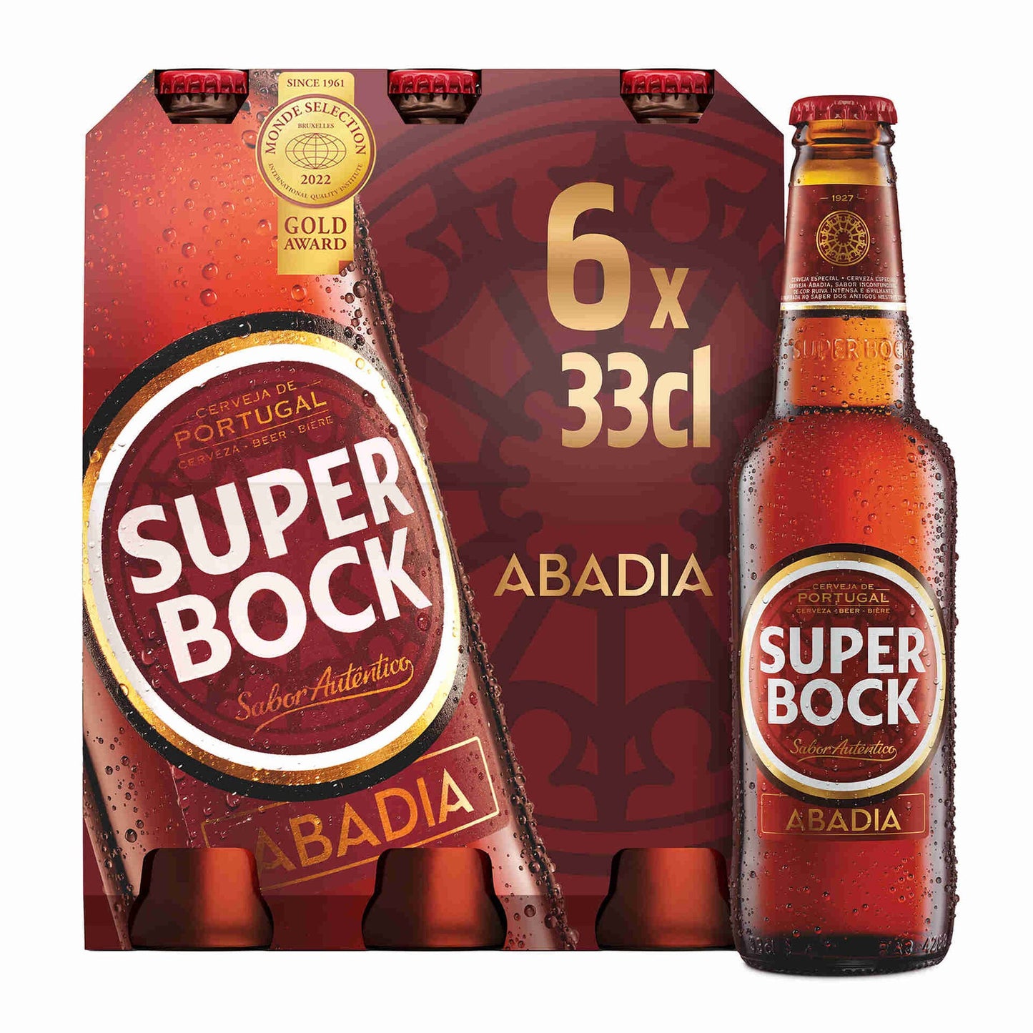 Packaging of Super Bock Abadia beer featuring a six-pack of 330ml bottles with the brand logo and the text '6x33cl ABADIA' on the front.