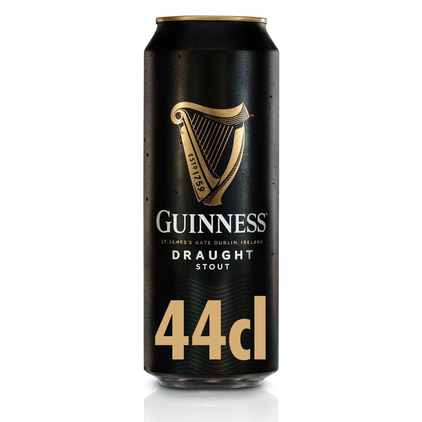 A can of Guinness Draught Stout with a 44 cl volume indicator, predominantly black with the iconic Guinness harp logo in gold, and white text displaying the alcohol percentage.