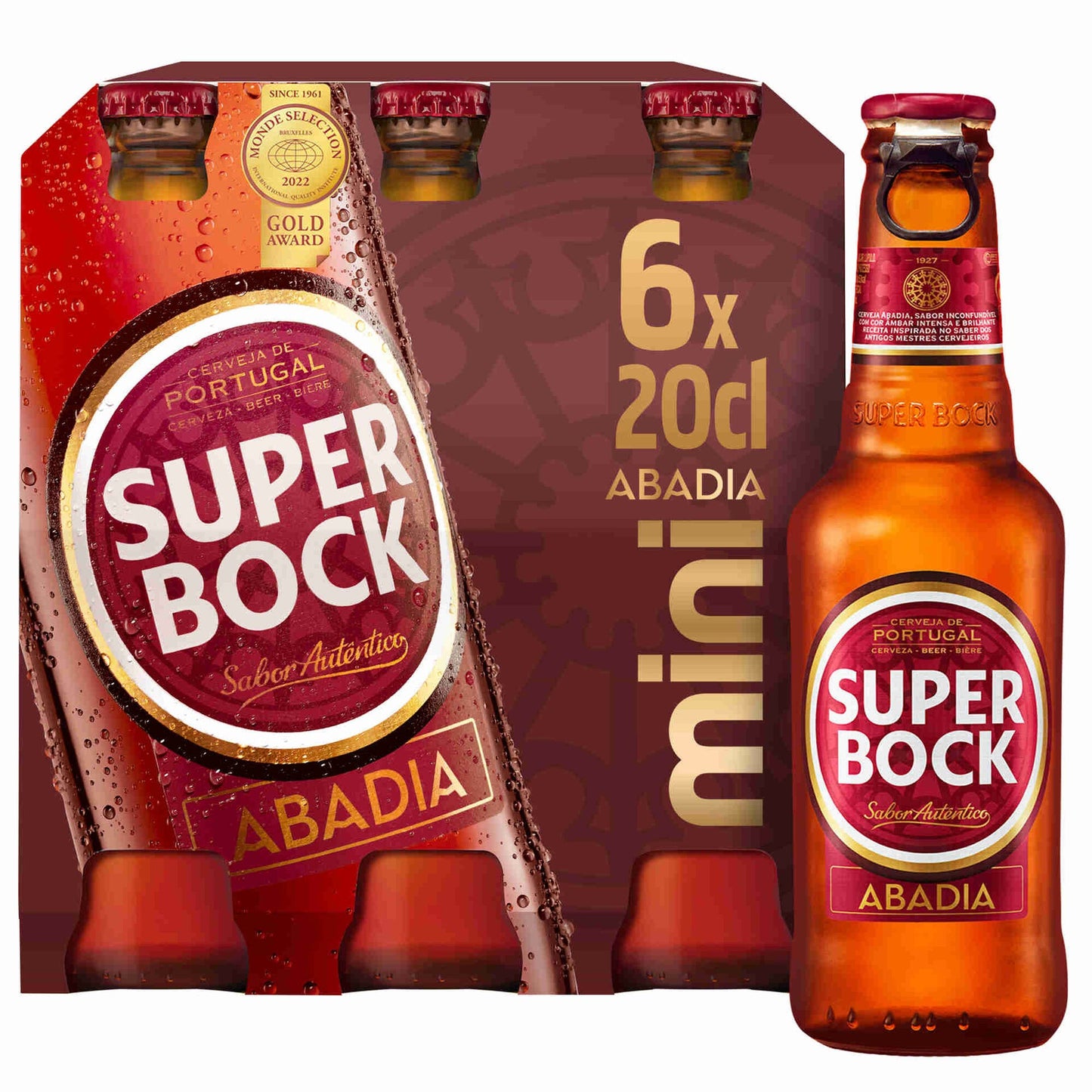 Pack of six 200ml bottles of Super Bock Abadia beer, with a total alcohol content of 6.4%