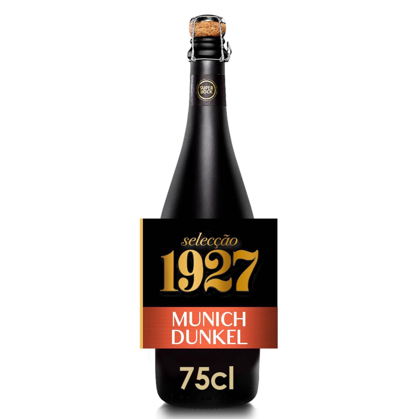 A bottle of Super Bock 1927 carafe beer with a label indicating it is a 750ml container and has 6% alcohol by volume. The label features the text 'Seleção 1927 MUNICH DUNKEL'.