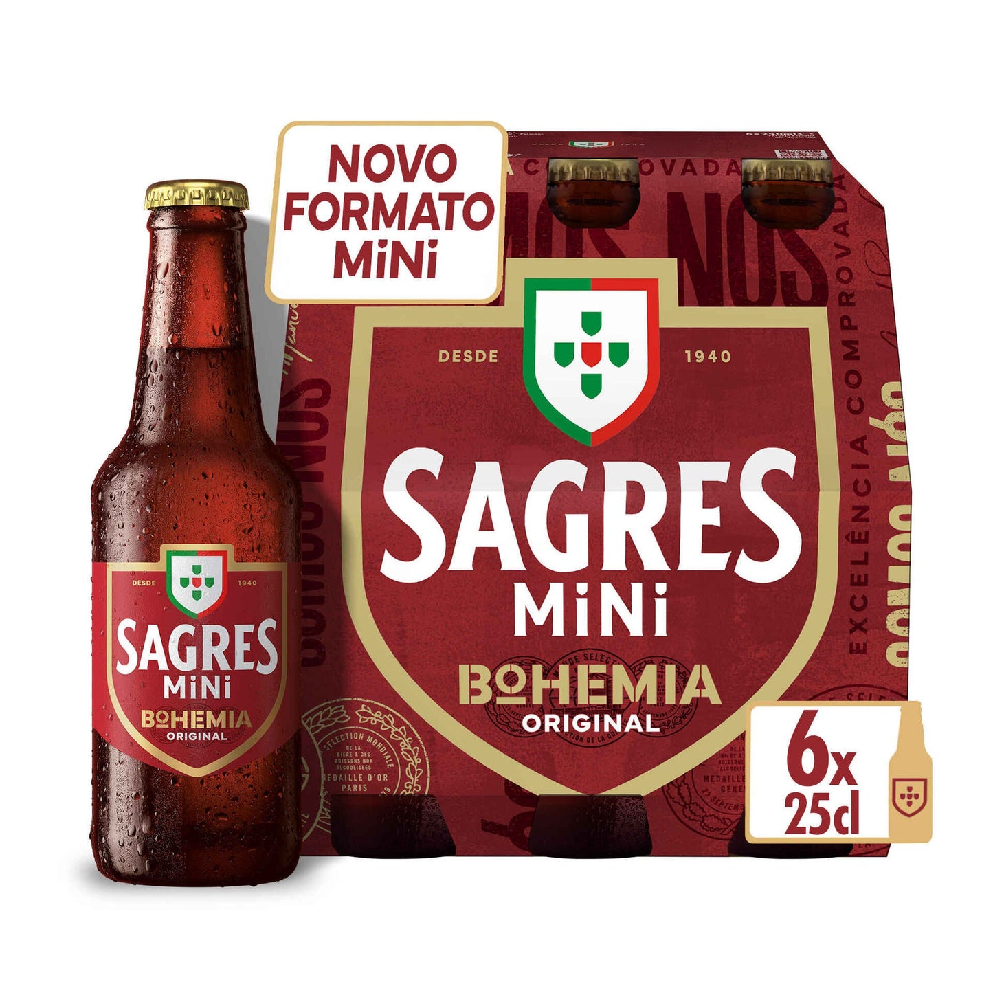 Packaging of Sagres Mini Bohemia beer featuring a red bottle with a gold cap, branded with the Sagres logo and indicating a volume of 25cl.