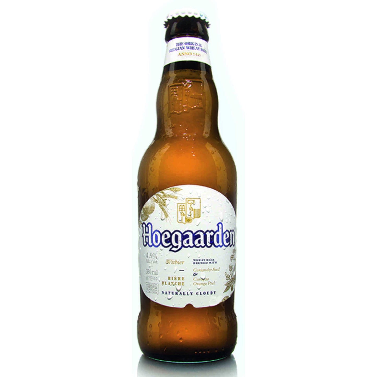A bottle of Hoegaarden beer with a label showing the brand name and 'Alcohol 4.9%'.