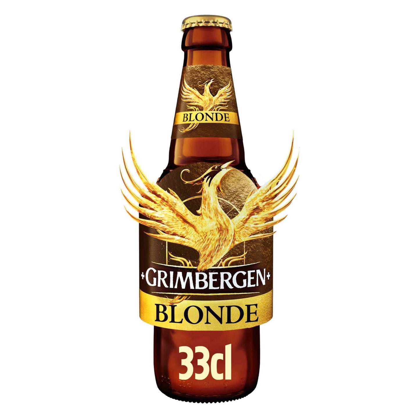 A bottle of Grimbergen Blonde beer with a capacity of 33cl. The label shows the brand name 'Grimbergen' and the type of beer 'Blonde' with a golden Phoenix emblem.