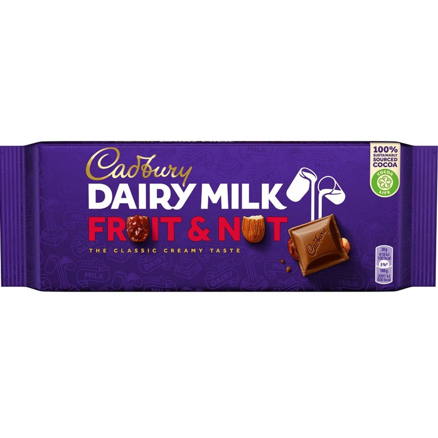 Cadbury Dairy Milk Fruit and Nut 180g XL creamy milk chocolate slab with raisins and almonds South African Products