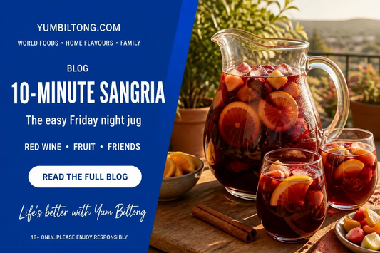 Jug of red wine sangria with fruit and ice, Yum Biltong drinks blog, 18+ only