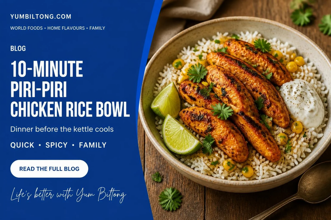 Piri-piri chicken rice bowl with sweetcorn and lime, Yum Biltong 10-minute recipe