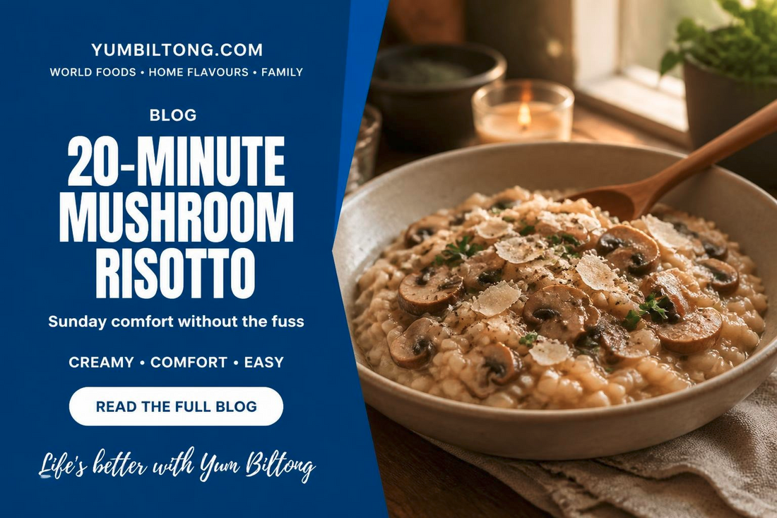 Creamy mushroom risotto with parmesan and parsley, Yum Biltong 20-minute recipe