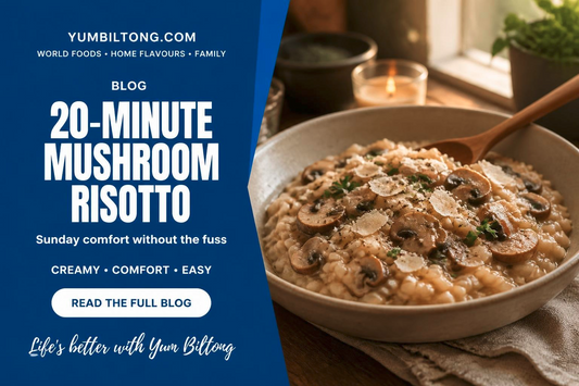 Creamy mushroom risotto with parmesan and parsley, Yum Biltong 20-minute recipe
