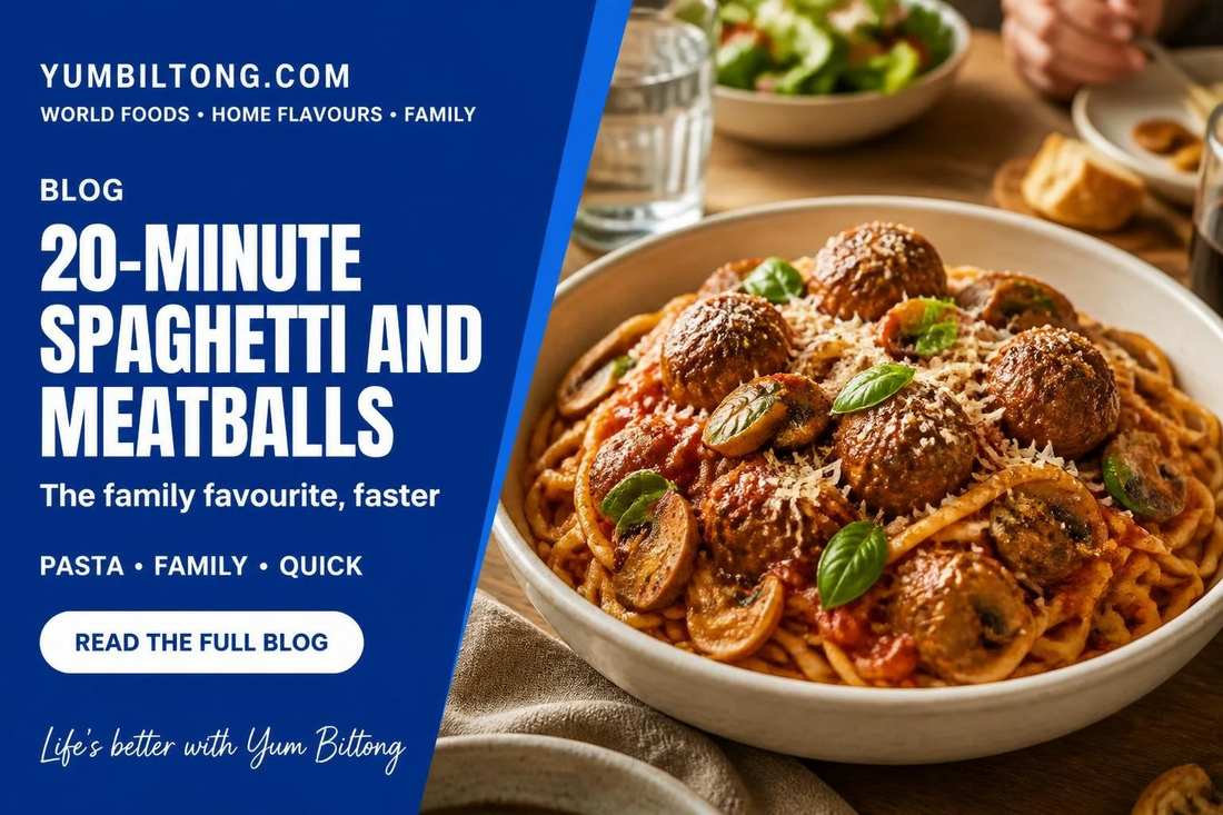 Spaghetti and meatballs in tomato sauce with mushrooms, Yum Biltong 20-minute recipe