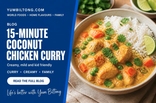 Creamy coconut chicken curry with jasmine rice and peas, Yum Biltong quick recipe
