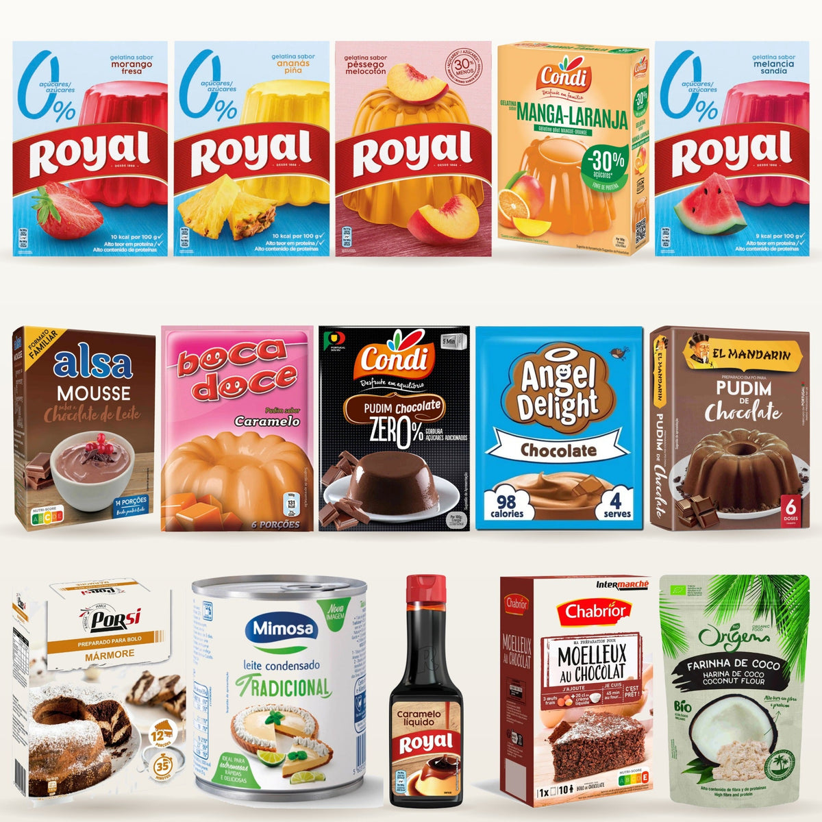 Baking, sugar and dessert mixes: Royal and Condi jelly, Alsa mousse, Boca Doce and Condi pudding, Angel Delight, cake mixes, condensed milk and caramel syrup